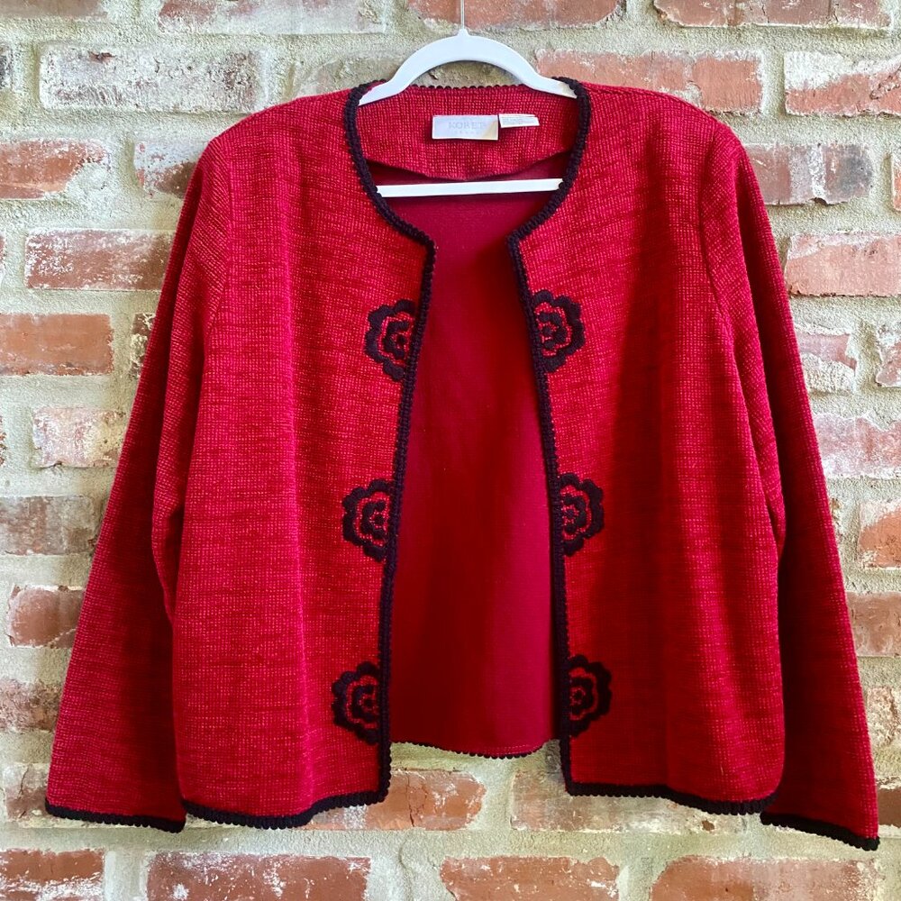 Koret: Women's Knit Blazer Jacket, Red with Black Embroidery, XL, Fall Staple!